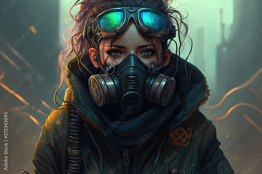 Rebel cyberpunk with a gas mask in hyper futuristic Rebel cyberpunk with a gas mask in hyper futuristic