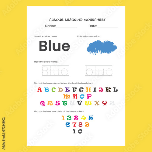Blue Color recognition and spelling learning worksheet for kids. Unique children activity page.