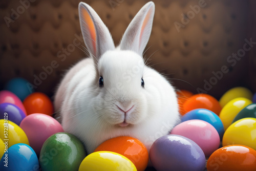 White easter bunny and easter eggs. Generative AI © Andrei Zdetovețchi