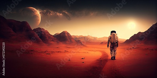 Astronaut on mars the red planet. Landscape with desert and mountains  Colonization of Mars. Generative AI.