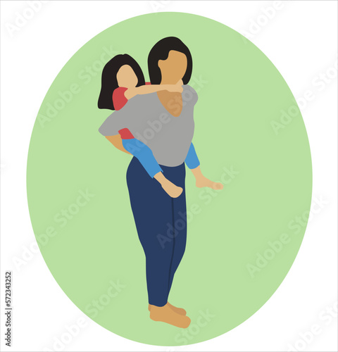 Vector illustration of a woman with a baby. Mother carrying her daughter on her back