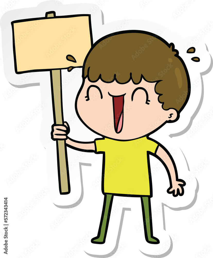 sticker of a laughing cartoon man waving placard sticker of a laughing cartoon man waving placard