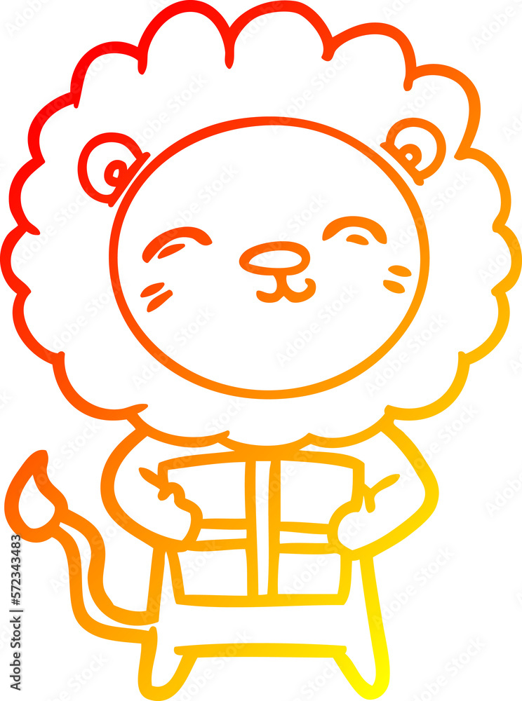 warm gradient line drawing cartoon lion with christmas present warm gradient line drawing cartoon lion with christmas present