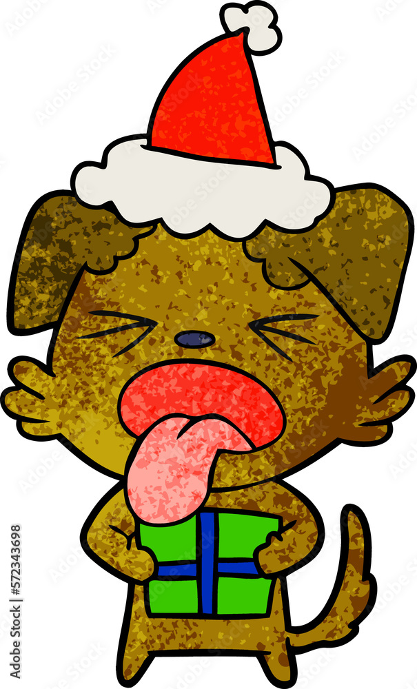 textured cartoon of a dog with christmas present wearing santa hat textured cartoon of a dog with christmas present wearing santa hat