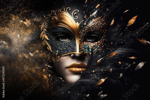 Face with carnival mask on beautiful background, traditional mask with feathers and confetti for carnival, gold and black, realistic, fesival, banner for carnival party fun. Generative AI. © andrenascimento