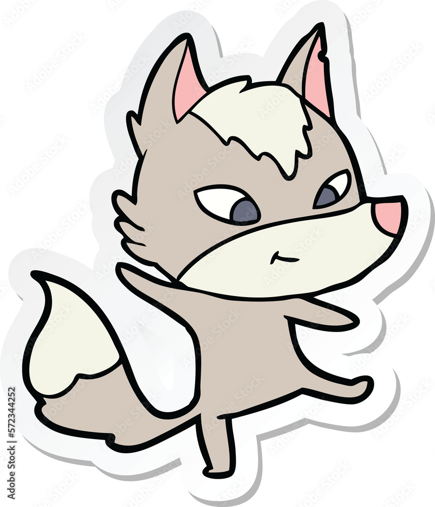 sticker of a friendly cartoon wolf dancing