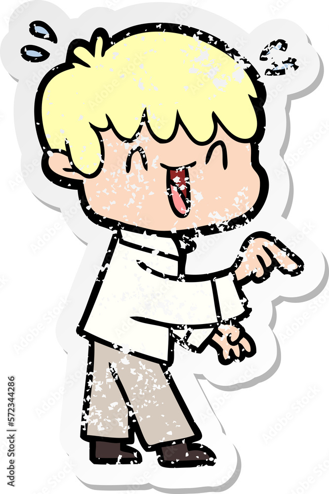 distressed sticker of a cartoon laughing boy distressed sticker of a cartoon laughing boy