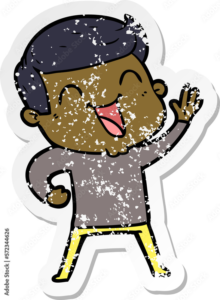 distressed sticker of a cartoon man laughing distressed sticker of a cartoon man laughing