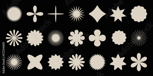 Big vector set of brutalist geometric shapes. Trendy abstract minimalist figures, stars, flowes, circles. Modern abstract graphic design elements.Vector