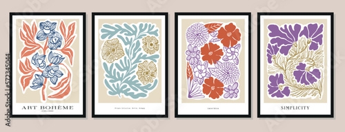 Vector illustration set of botanical printable posters. Matisse style illustration set. Art for postcards, wall art, banner, background. 