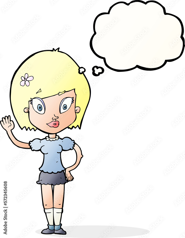 cartoon pretty girl waving with thought bubble cartoon pretty girl waving with thought bubble