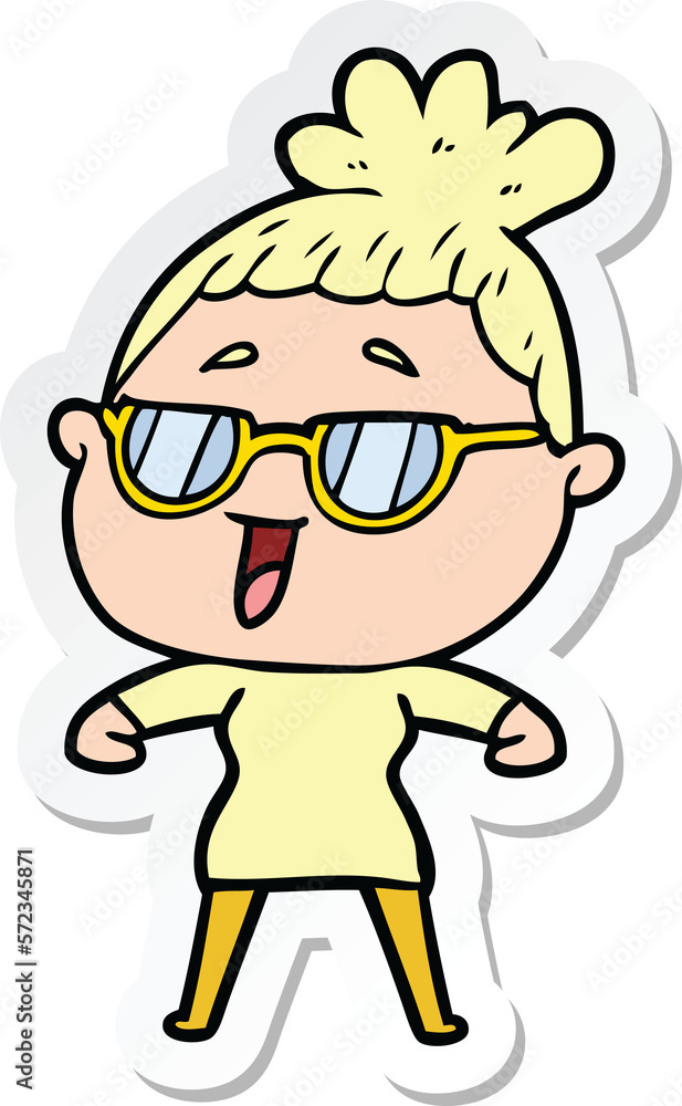 sticker of a cartoon happy woman wearing spectacles sticker of a cartoon happy woman wearing spectacles