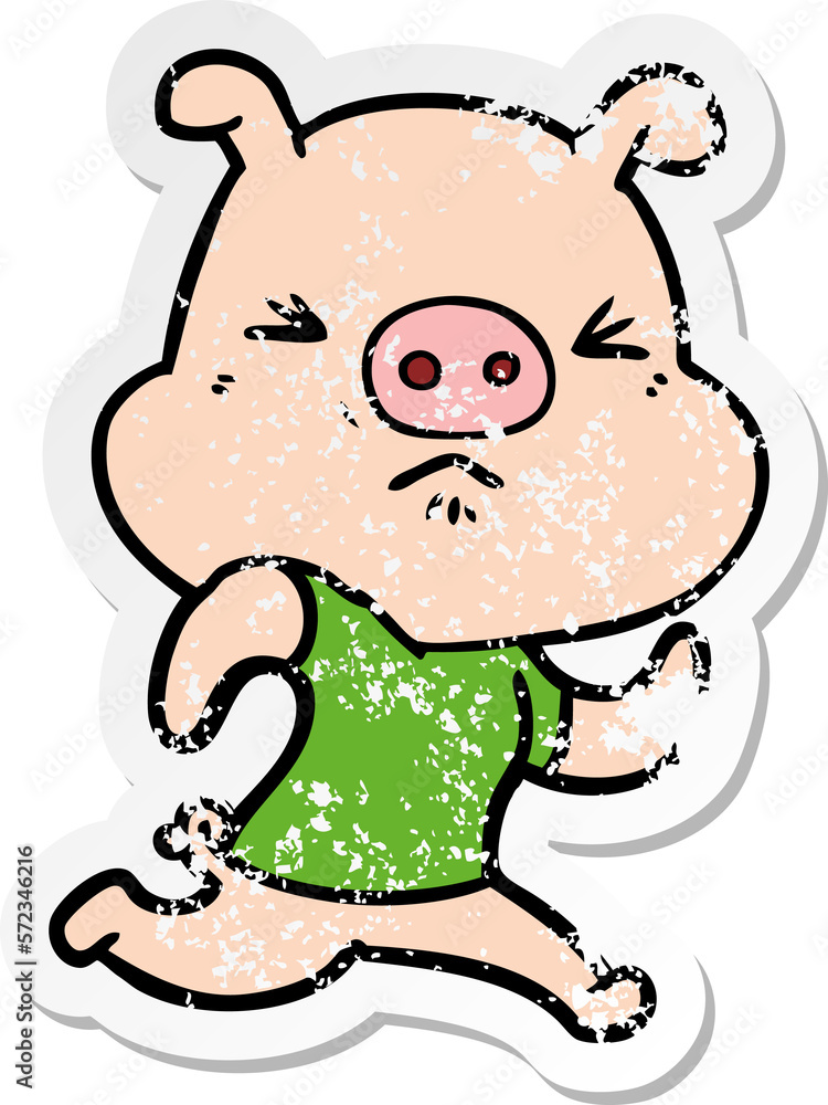 distressed sticker of a cartoon angry pig wearing tee shirt distressed sticker of a cartoon angry pig wearing tee shirt