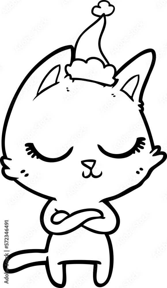 calm line drawing of a cat wearing santa hat calm line drawing of a cat wearing santa hat