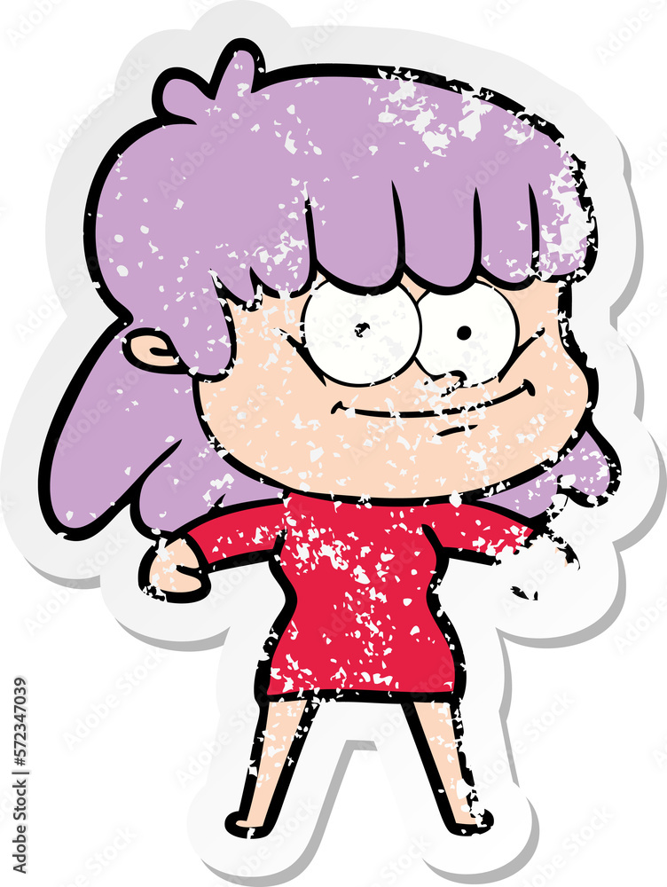 distressed sticker of a cartoon smiling woman distressed sticker of a cartoon smiling woman