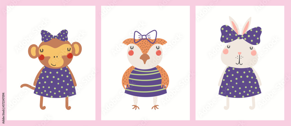 Cute funny animal girls, rabbit, owl, monkey, little princesses posters, cards collection. Hand drawn vector illustration. Scandinavian style flat design. Concept for kids fashion, textile print.