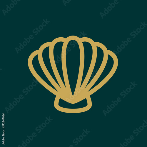 elegant and simple line pearl shell logo vector design, modern logo pictogram design of oyster shell in gold color isolated on green background