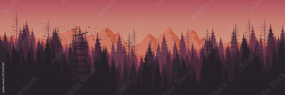 sunset mountain landscape view with forest silhouette vector illustration design for wallpaper design, design template, background template, and tourism design template