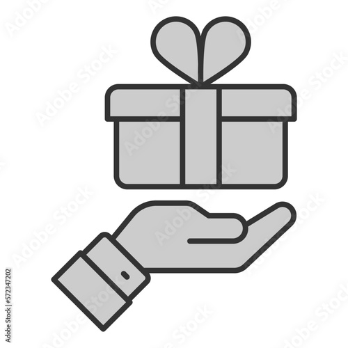 Delivered parcel with ribbons on the palm - icon, illustration on white background, grey style