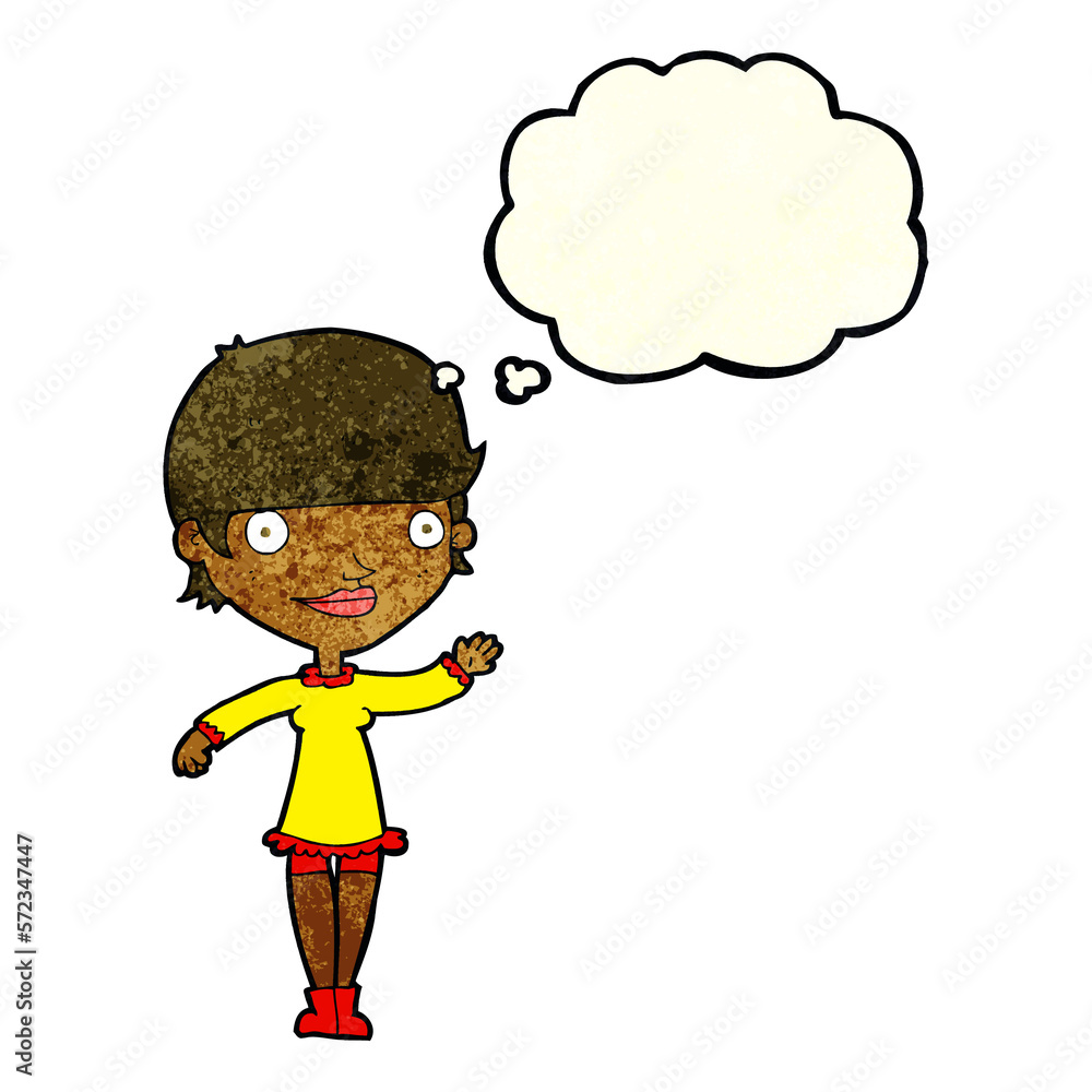 cartoon waving woman with thought bubble cartoon waving woman with thought bubble