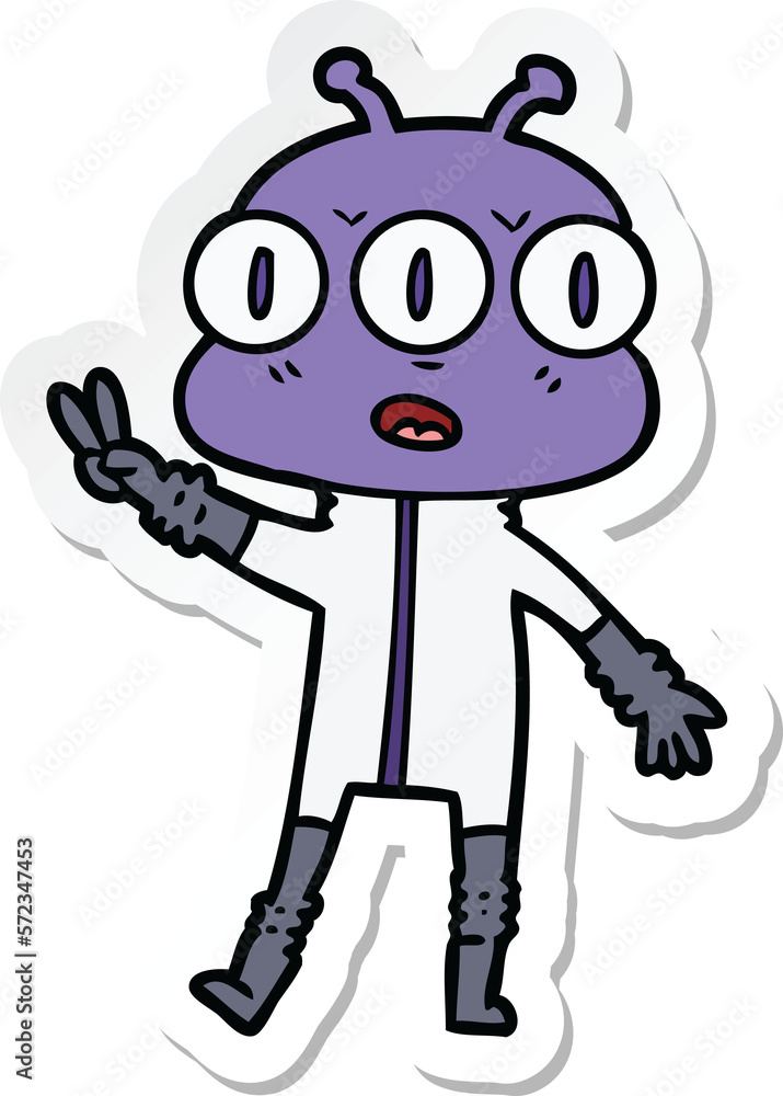 sticker of a cartoon three eyed alien waving sticker of a cartoon three eyed alien waving