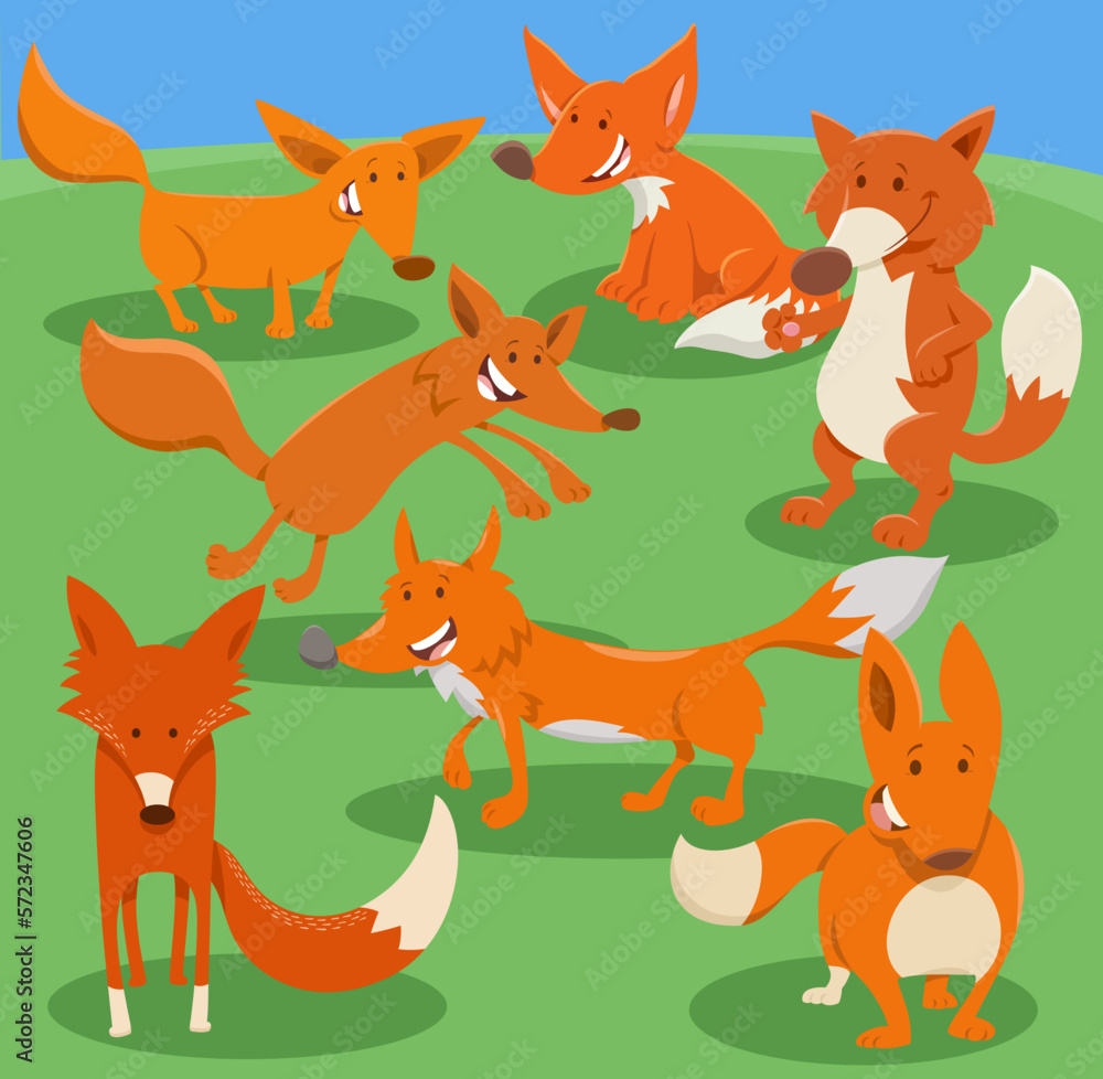 happy cartoon foxes wild animal characters group