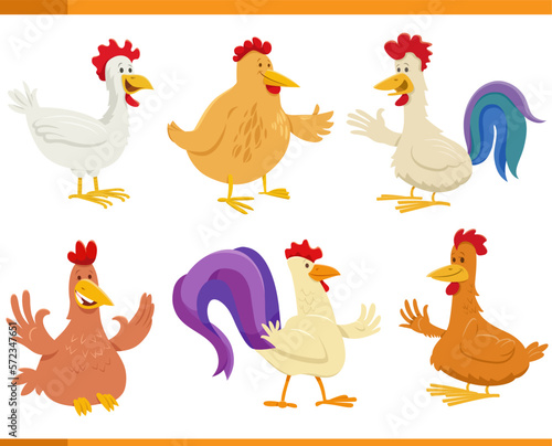 cartoon funny chickens farm animal characters set