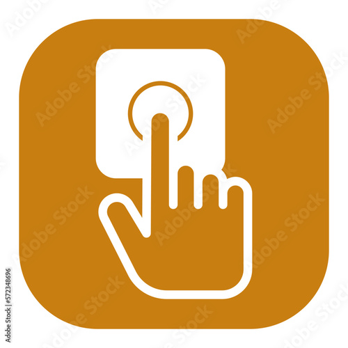 The hand presses the bell, the parcel was delivered to the addressee to the door - icon, illustration on white background, color glyph style