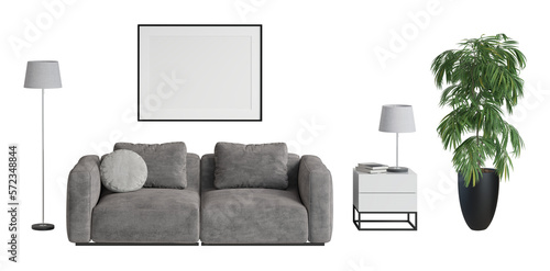 A set of isolated modern living room furniture 6. Modern gray sofa with pillows, blank poster, floor lamp, lamp with books on the rectangular nightstand, large house plant in the black pot. 3d render