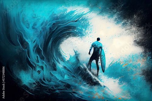 Surfer on the crest of a wave. Layers of turquoise and blue paints