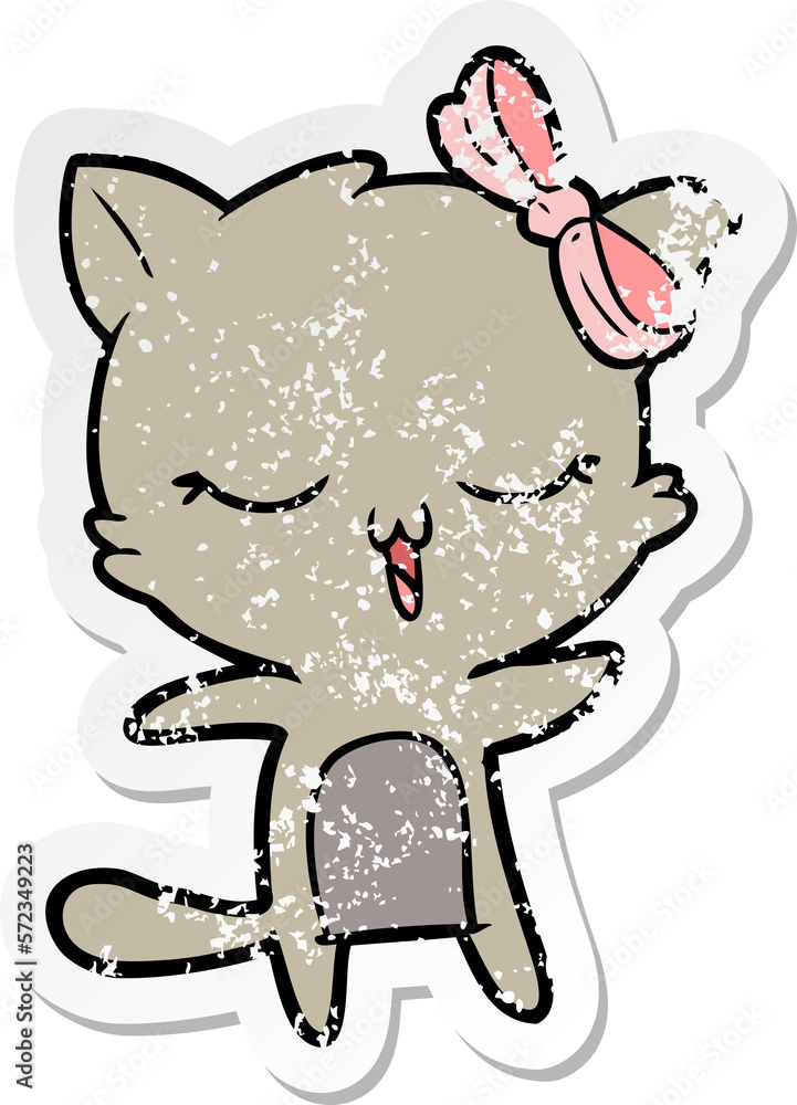 distressed sticker of a cartoon cat with bow on head distressed sticker of a cartoon cat with bow on head