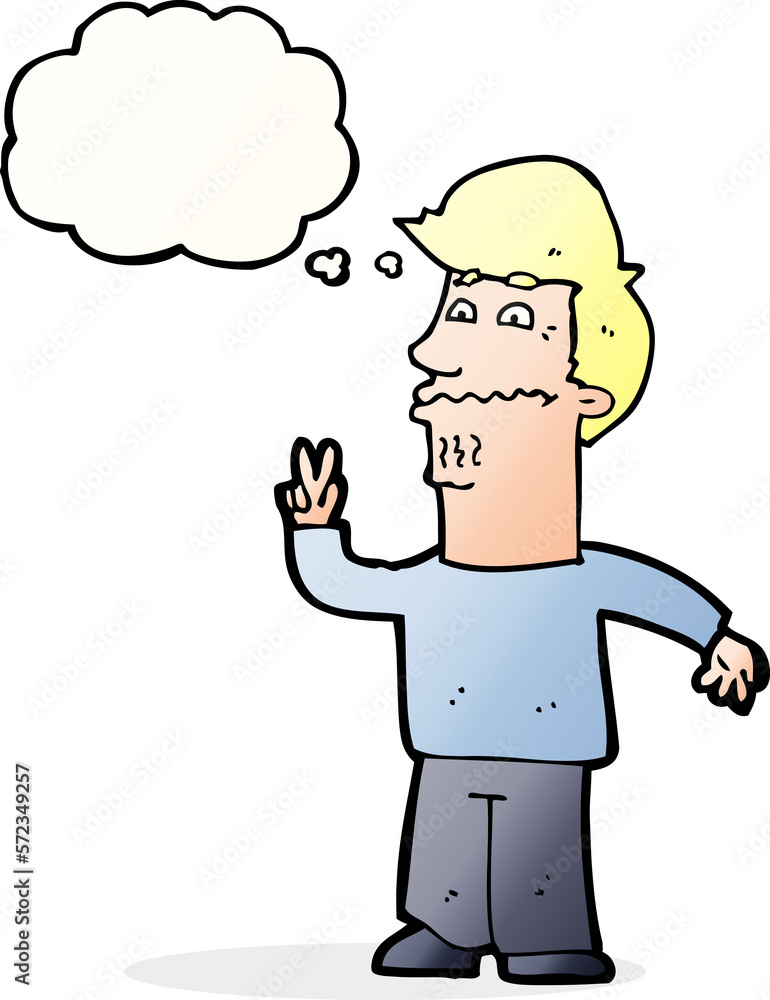 cartoon man giving peace sign with thought bubble cartoon man giving peace sign with thought bubble