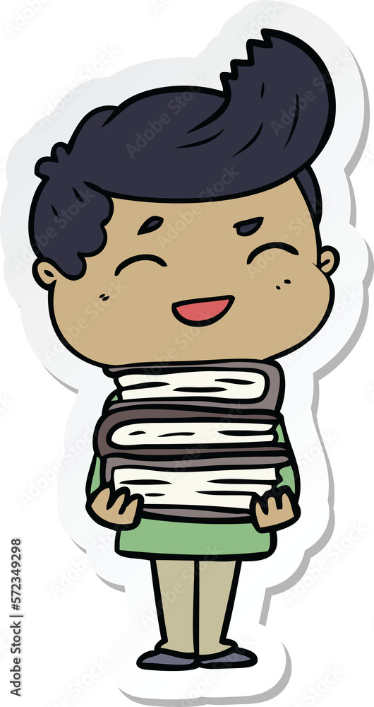 sticker of a cartoon man laughing holding books sticker of a cartoon man laughing holding books