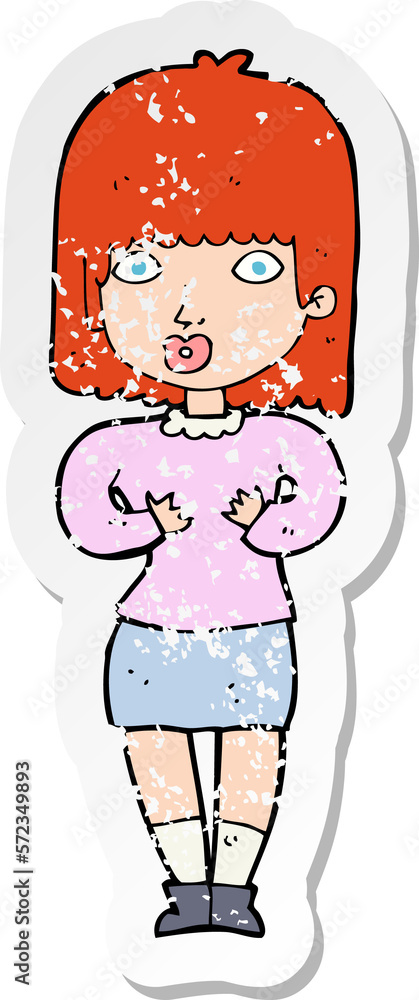retro distressed sticker of a cartoon shocked woman retro distressed sticker of a cartoon shocked woman