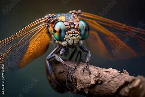 Front of dragonfly perched on a branch very close. Macro style. Generative AI