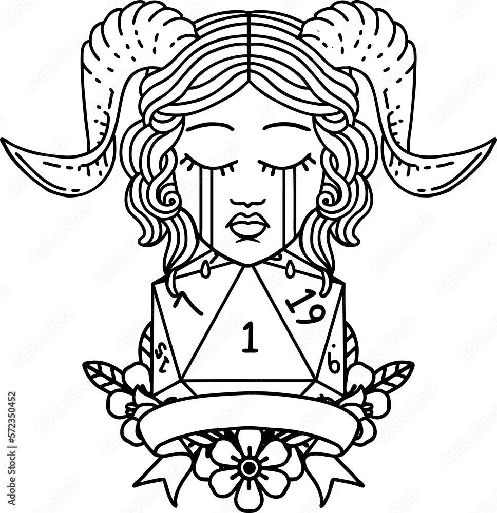 crying tiefling with natural one D20 dice roll illustration crying tiefling with natural one D20 dice roll illustration