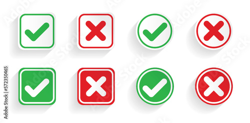 Set green approval check mark and red cross icons in circle and square, checklist signs, flat checkmark approval badge, isolated tick symbols