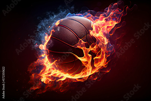 Glowing Ball Burning on Fire in Orange Flames, Giving off Heat and Smoke for Competitive Basketball © surassawadee