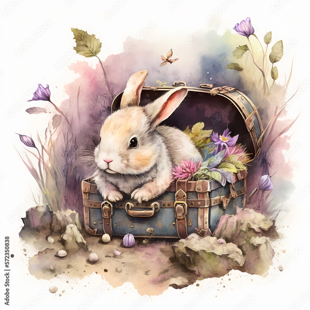 watercolor illustration of a cute fluffy easter bunny in a suitcase with spring flowers, made