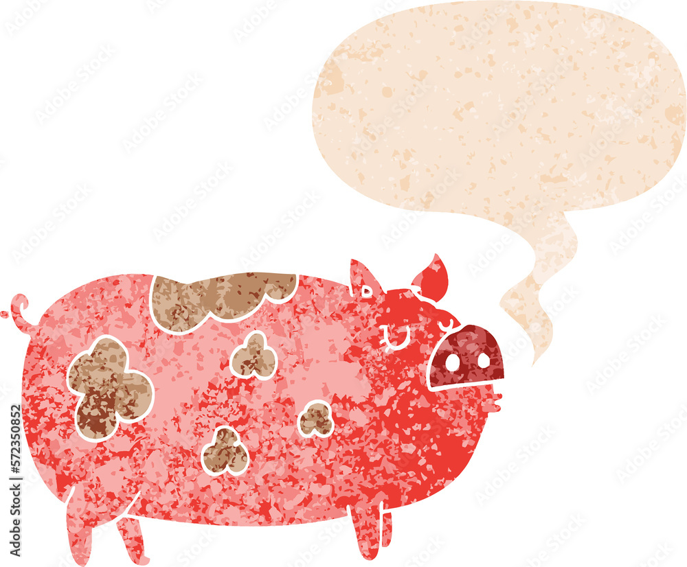 cartoon pig and speech bubble in retro textured style cartoon pig and speech bubble in retro textured style