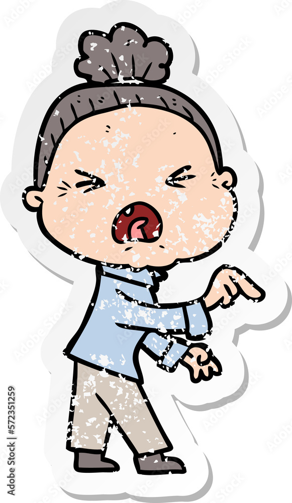 distressed sticker of a cartoon angry old woman distressed sticker of a cartoon angry old woman