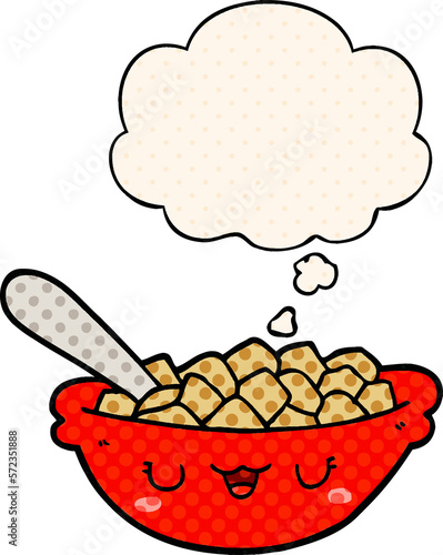 cute cartoon bowl of cereal and thought bubble in comic book style