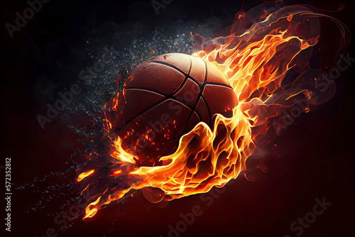 Glowing Ball Burning on Fire in Orange Flames, Giving off Heat and Smoke for Competitive Basketball © surassawadee