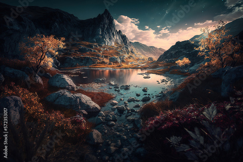 beautiful mountain landscape.Generative Ai © Shades3d