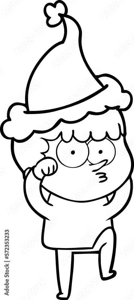 line drawing of a curious boy rubbing eyes in disbelief wearing santa hat line drawing of a curious boy rubbing eyes in disbelief wearing santa hat