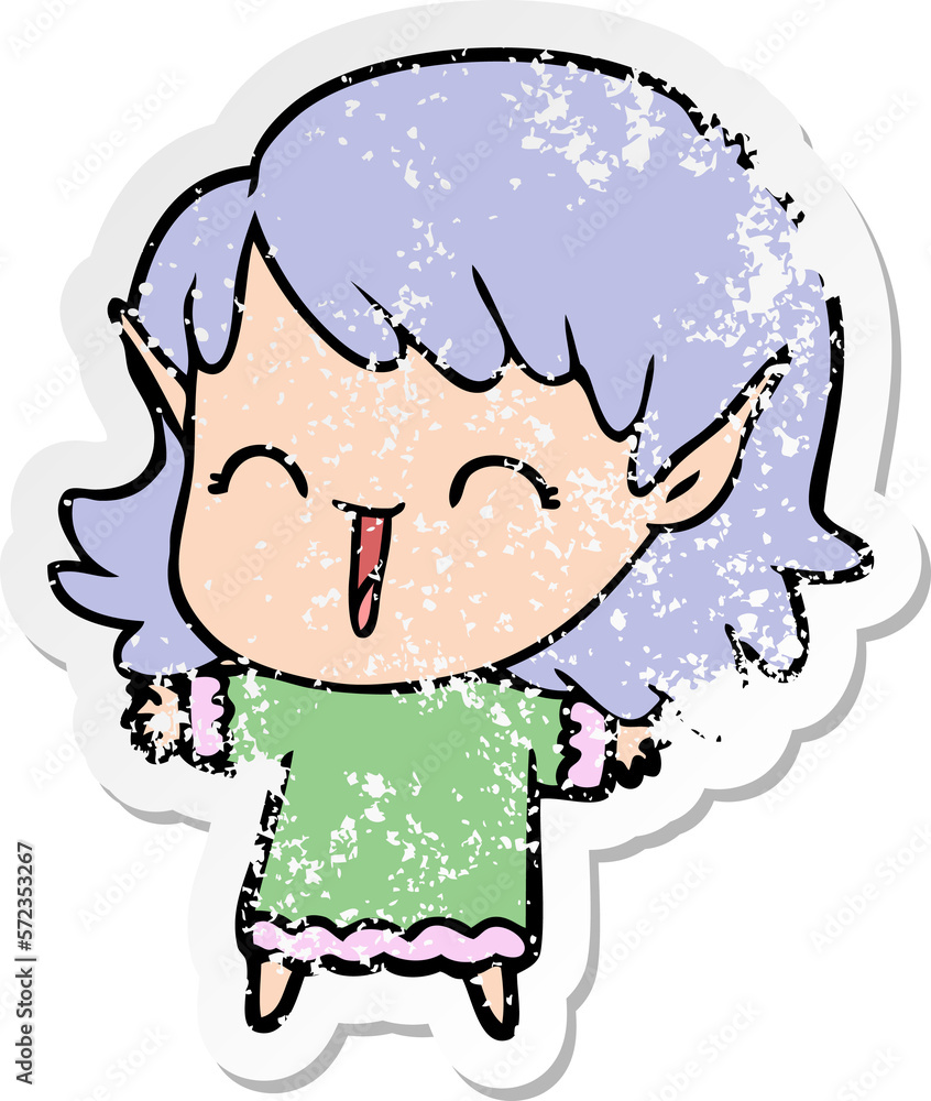 distressed sticker of a cartoon elf girl distressed sticker of a cartoon elf girl
