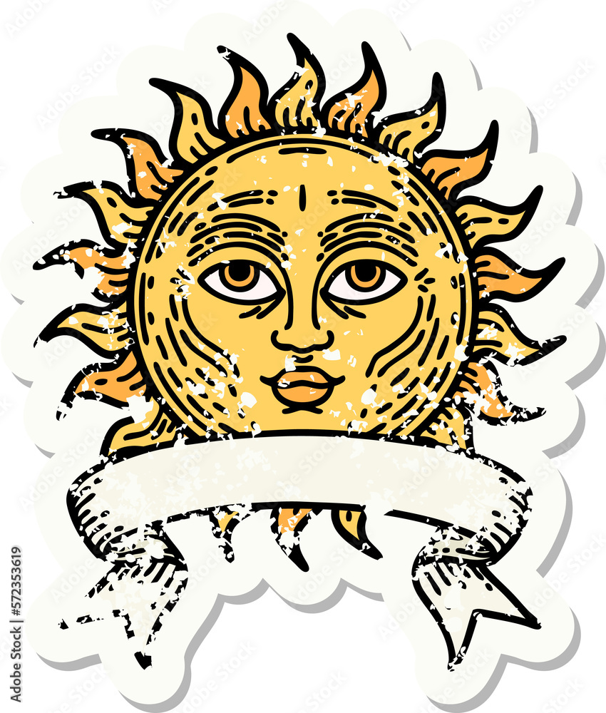 grunge sticker with banner of a sun with face