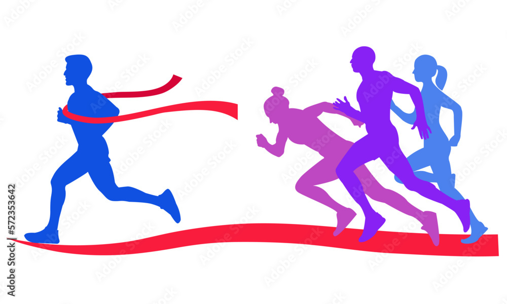 Marathon. The winner is the man who ran first, red ribbon. Silhouettes of people running. Marathon. The winner is the man who ran first, red ribbon. Silhouettes of people running.