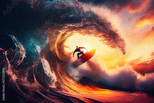 Surfer jeździ na fali oceanu podczas zachodu słońca. Pojęcie sportu ekstremalnego i aktywnego stylu życia