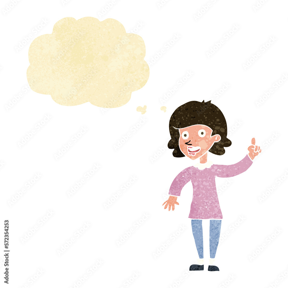 cartoon woman with idea with thought bubble cartoon woman with idea with thought bubble